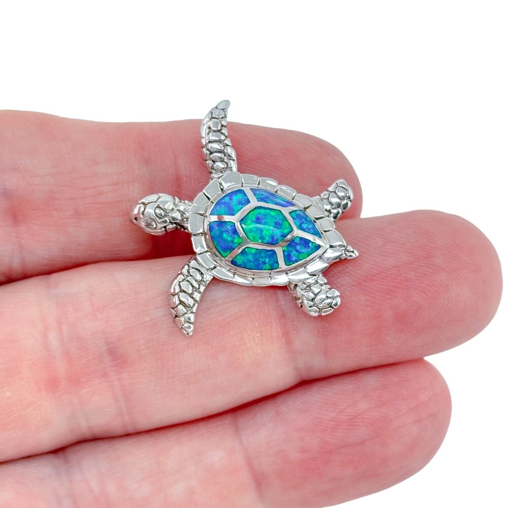 Vintage Sterling Silver 925 Opal Inlay Sea Turtle Pendant